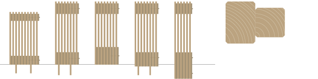木の塀、縦格子のウッドフェンス、木べえさん 図。42×60角と42角 小間入 格子フェンス シリーズ